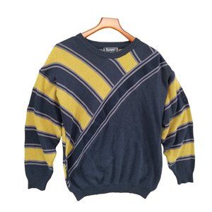 Vtg Boneti Sweater Womens Blue Gold Striped Knit Pullover Made in Belgium Size L